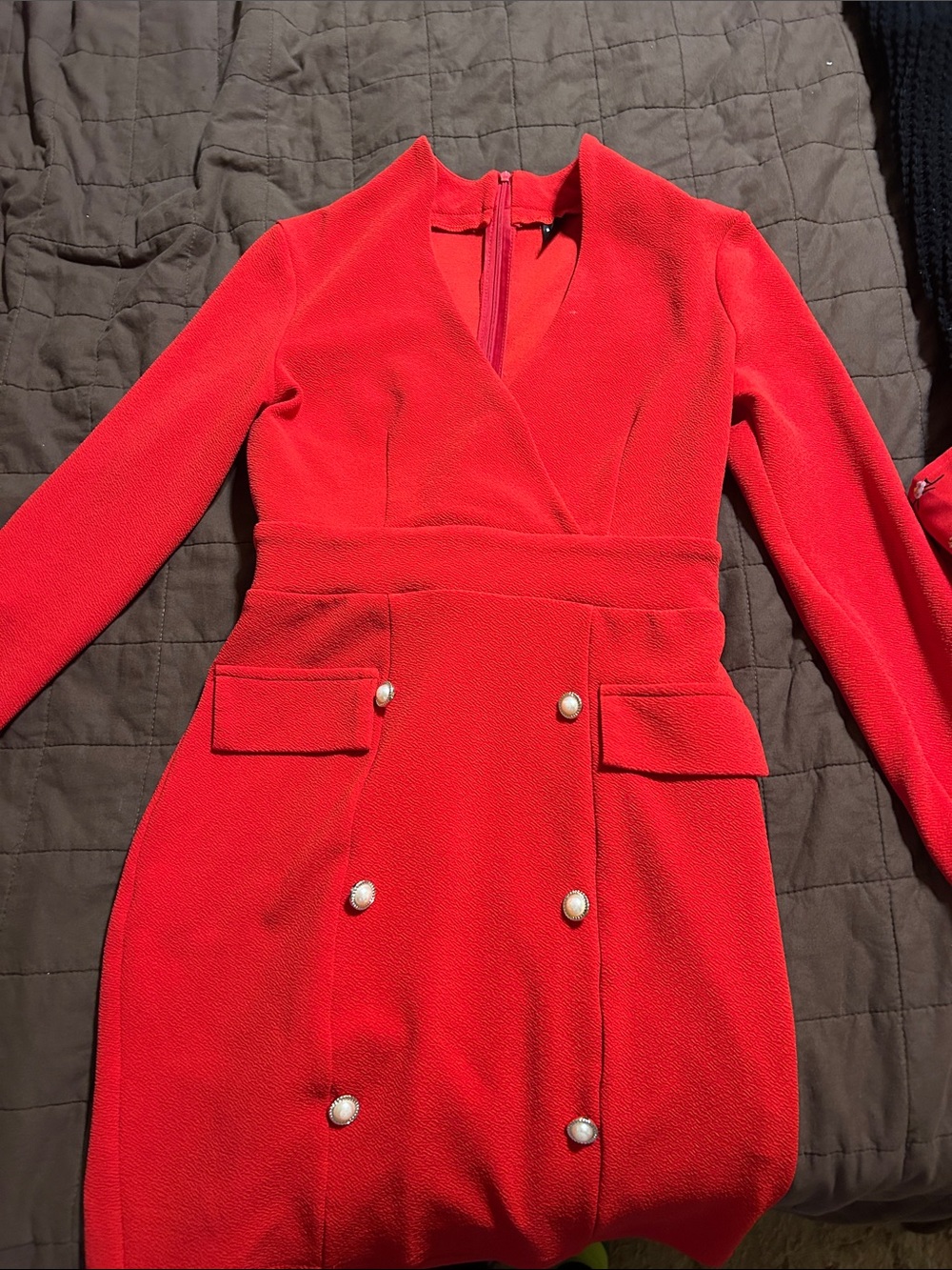 SHEIN Red Long-Sleeve Pearl Button Dress